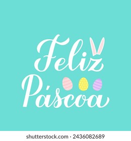 Happy Easter calligraphy hand lettering in Portuguese language on mint green background. Easter celebration typography poster. Vector template for greeting card, banner, flyer, etc