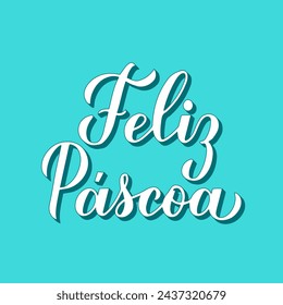 Happy Easter calligraphy hand lettering in Portuguese language on mint green background. Easter celebration typography poster. Vector template for banner, greeting card, flyer, etc