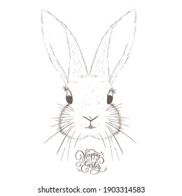 Happy Easter calligraphy handmade lettering inscription with sketch drawn bunny.