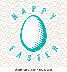 Happy Easter Calligraphy Illusion Logo Lettering with Engraved Egg in Front of Repeating Wavy Lines - Beige and Turquoise Elements on White Rough Paper Background - Flat and Woodcut Retro Design