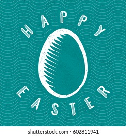 Happy Easter Calligraphy Illusion Logo Lettering with Engraved Egg in Front of Repeating Wavy Lines - White Elements on Turquoise Rough Paper Background - Flat and Woodcut Retro Design