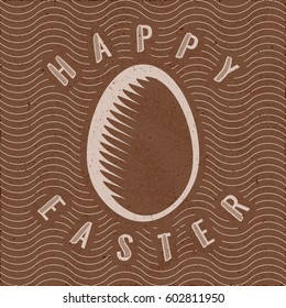 Happy Easter Calligraphy Illusion Logo Lettering with Engraved Egg in Front of Repeating Wavy Lines - Beige Elements on Brown Rough Paper Background - Flat and Woodcut Retro Design