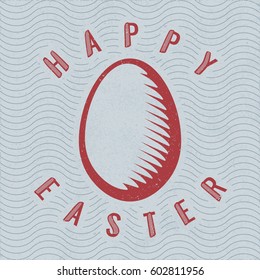 Happy Easter Calligraphy Illusion Logo Lettering with Engraved Egg in Front of Repeating Wavy Lines - Red Elements on Blue Rough Paper Background - Flat and Woodcut Retro Design