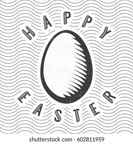 Happy Easter Calligraphy Illusion Logo Lettering with Engraved Egg in Front of Repeating Wavy Lines - Pale Black Elements on White Rough Paper Background - Flat and Woodcut Retro Design