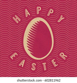 Happy Easter Calligraphy Illusion Logo Lettering with Engraved Egg in Front of Repeating Wavy Lines - Beige Elements on Red Rough Paper Background - Flat and Woodcut Retro Design