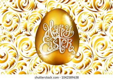 Happy Easter. Calligraphy lettering. Beautiful greeting card. golden egg with abstract gold ornament. Vector. white backround art