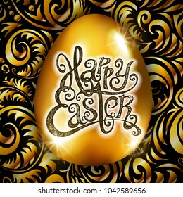 Happy Easter. Calligraphy lettering. Beautiful greeting card. golden egg with abstract gold ornament. Vector. black backround art