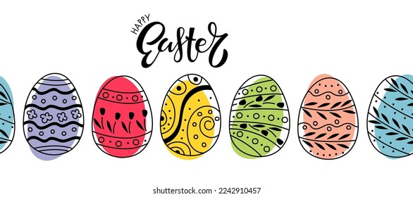 Happy Easter calligraphy lettering and colorful painted easter eggs. Vector Seamless doodle sketch illustration, design elements for wrapping, background, wallpaper, invitations for Easter holiday