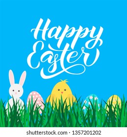 Happy Easter calligraphy lettering. Eggs, bunny and cute cartoon chicken on grass. Easter celebration greeting card. Easy to edit template for party invitation, poster, banner. Vector illustration.