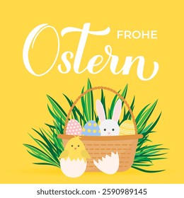 Happy Easter calligraphy lettering in German language. Basket of eggs, bunny and cute cartoon chicken. Easter celebration greeting card. Vector illustration