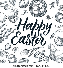 Happy Easter calligraphy lettering. Vintage holiday design elements for banner, poster, invitation or greeting card design. Hand drawn sketch vector illustration.