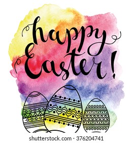 Happy Easter calligraphy on watercolor colorful background. Handwritten modern brush lettering on rainbow watercolor background. Vector illustration

