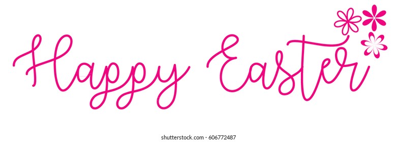 Happy Easter Calligraphy, Pink text on white background with small  flowers. Vector illustration