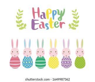Happy Easter calligraphy. Rabbits dressed as eggs. Colorful and simple style on white background.