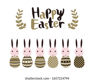 Happy Easter calligraphy. Rabbits dressed as eggs. Simple style on white background.