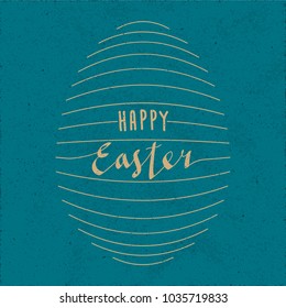 Happy Easter Calligraphy Retro Style Logo Lettering with Egg Shape Created by Repeating Lines - Beige Elements on Turquoise Rough Paper Background - Vintage Hand Drawn Design