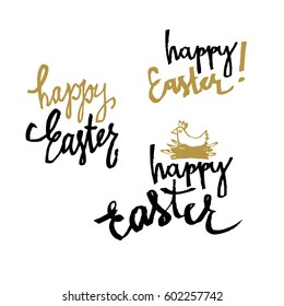 "Happy Easter" calligraphy. Set of holiday greetings. Hand drawn vector illustration 