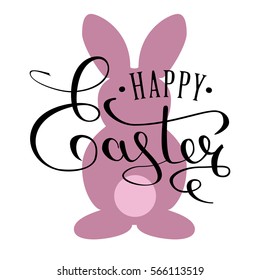 Happy Easter calligraphy text for the greeting card. Easter bunny. An inscription written by hand with a thin pen. Black text on a purple background. Vector illustrations.
