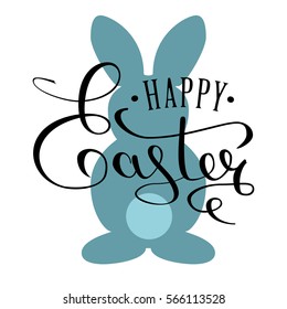 Happy Easter calligraphy text for the greeting card. Easter bunny. An inscription written by hand with a thin pen. Black text on a blue background. Vector illustrations.
