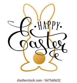 Happy Easter calligraphy text for the greeting card. Easter bunny. An inscription written by hand with a thin pen. Black text on the golden background. Vector illustrations.