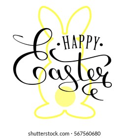 Happy Easter calligraphy text for the greeting card. Easter bunny. An inscription written by hand with a thin pen. Text black on a yellow background. Vector illustrations.