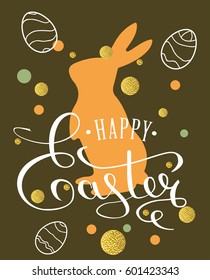 Happy Easter calligraphy text for the greeting card. Easter bunny. An inscription written by hand with a thin pen.  Vector illustrations.
