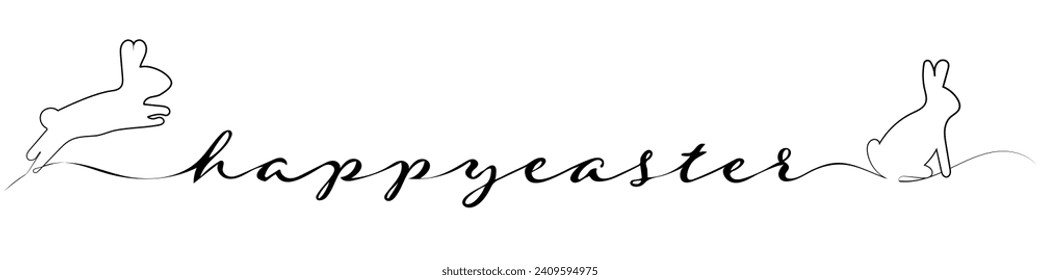 Happy Easter Calligraphy Text with playful rabbits or bunnies on either side in a single line drawing style