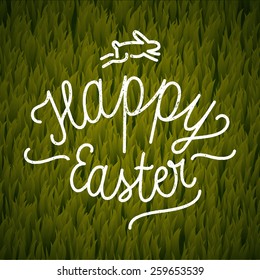 happy Easter calligraphy. vintage label on grass background. vector illustration.