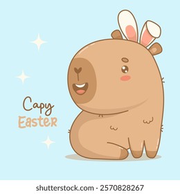 Happy Easter Capybara with Bunny Ears. Cute cheerful cartoon kawaii character animal. Vector illustration. Holiday cool card with slogan. Kids collection