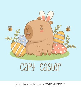 Happy Easter Capybara in bunny ears in grass with decorative paschal egg. Cute cartoon kawaii character animal. Vector illustration. Holiday cool card. Kids collection