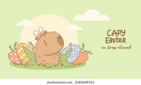 Happy Easter Capybara in bunny ears with decorative paschal eggs and leaves in clearing. Cute cartoon kawaii animal on green background. Holiday Horizontal cool poster. Vector illustration