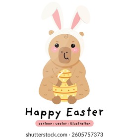 Happy Easter Capybara in bunny ears. Cute cartoon kawaii animal. Capybara vector illustration