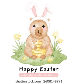 Happy Easter Capybara in bunny ears. Easter watercolor. Capybara vector illustration