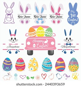 Happy Easter Car and Bunny, Chocolate Eggs and Hearts, Sparrows, Rabbit, etc in one Bundle