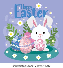 Happy easter car Bunny and easter eggs Vector illustration