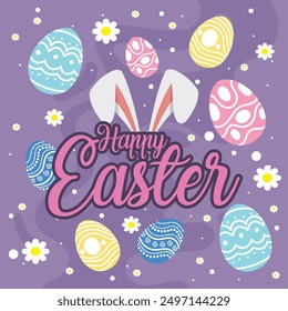 Happy easter car Bunny and easter eggs Vector illustration