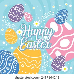 Happy easter car Bunny and easter eggs Vector illustration