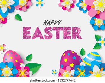 Happy Easter Card with 3D Colorful Eggs and Papercraft Flowers and Leafs. Spring Event Vector Illustration. Place Your Text 