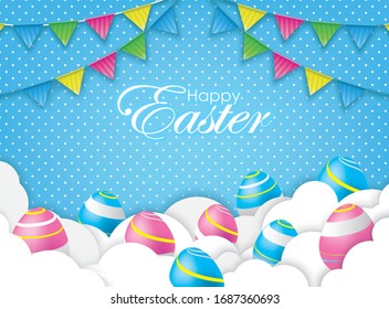 Happy Easter Card with 3D Colorful Eggs and Papercraft Cloud. Spring Event Vector Illustration. Place Your Text Here