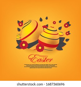Happy Easter Card with 3D Colorful Eggs and Papercraft Leafs and Flower. Spring Event Vector Illustration. Place Your Text Here
