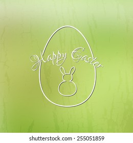 Happy Easter card with 3d watercolor bunny and egg on green blurred background.