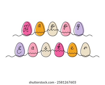 Happy Easter card, Abstract Easter eggs with lettering. continuous single one line art hand drawing sketch logo