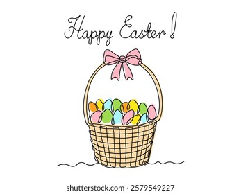 Happy Easter card, Abstract wicker basket the Easter eggs. continuous single one line art hand drawing sketch logo