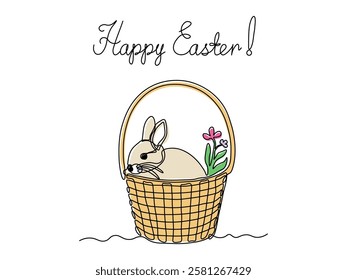 Happy Easter card, Abstract wicker basket the Easter bunny. continuous single one line art hand drawing sketch logo