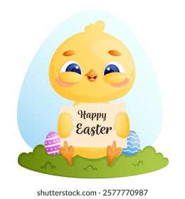 Happy easter card with adorable Easter chick and painted eggs.