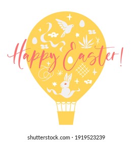 Happy Easter card with air balloon. White and yellow soft aesthetic. Fresh vector holidays creation. Layered design isolated on white background.