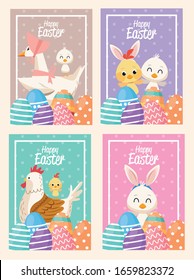 Happy easter card with animals and eggs painted scenes vector illustration design