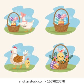 Feliz tarjeta de Pascua con animales y huevos pintados escenas de ilustración vectorial diseño
