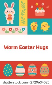 Happy Easter card with animals eggs flowers illustration Cute spring Easter greeting card vector illustration Adorable Easter greeting card with cute characters