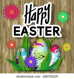 Happy Easter Card. Art Typography Text. Best Design Templates. Wooden Texture with Bright Flower, Eggs, Green Grass. Invitation Banner for Holiday Days and Celebration Date. Vector Illustration.